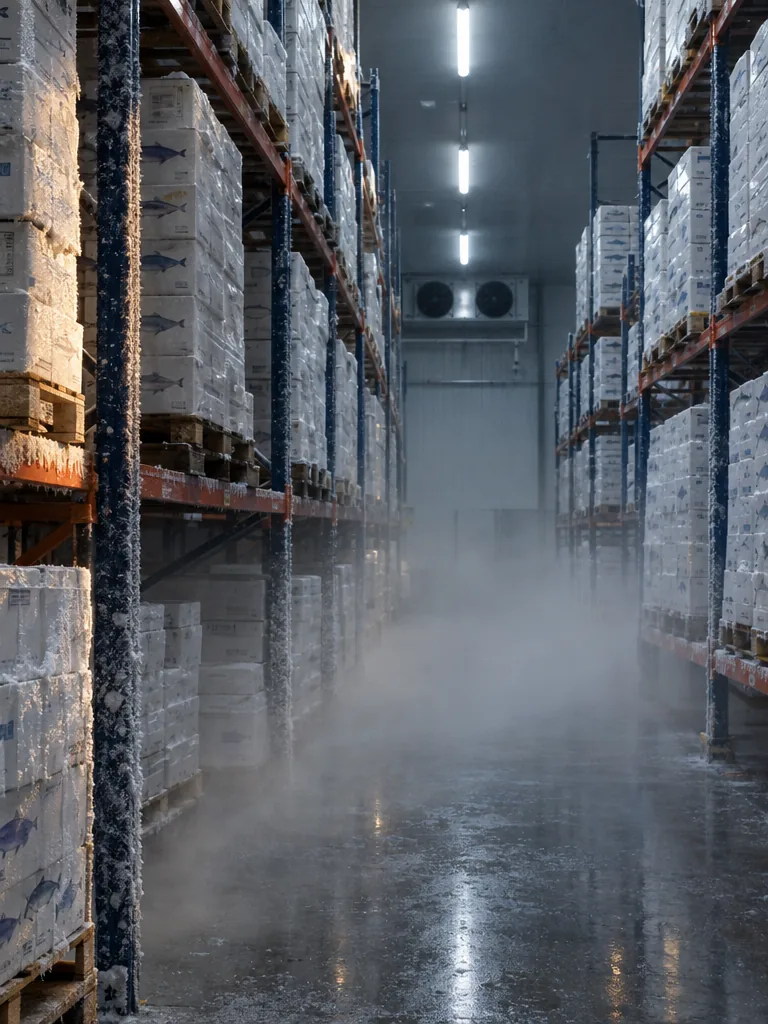 Tall racks of frozen fish cartons under cold strip lights