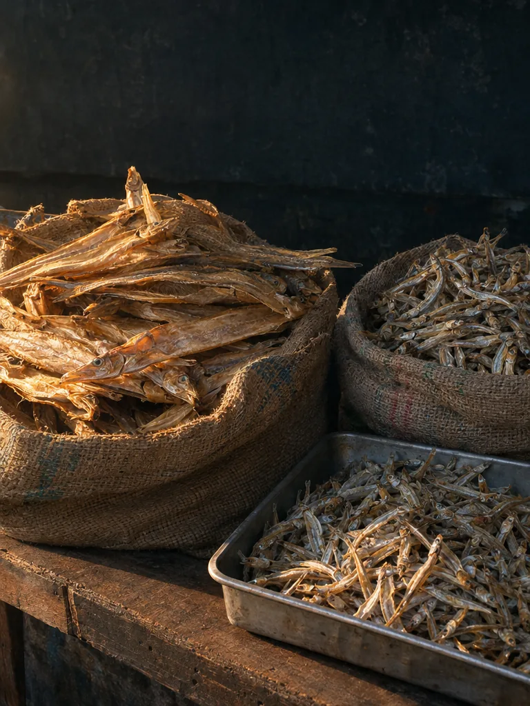 Dried Bombay duck and dried anchovies in open sacks on a wooden counter