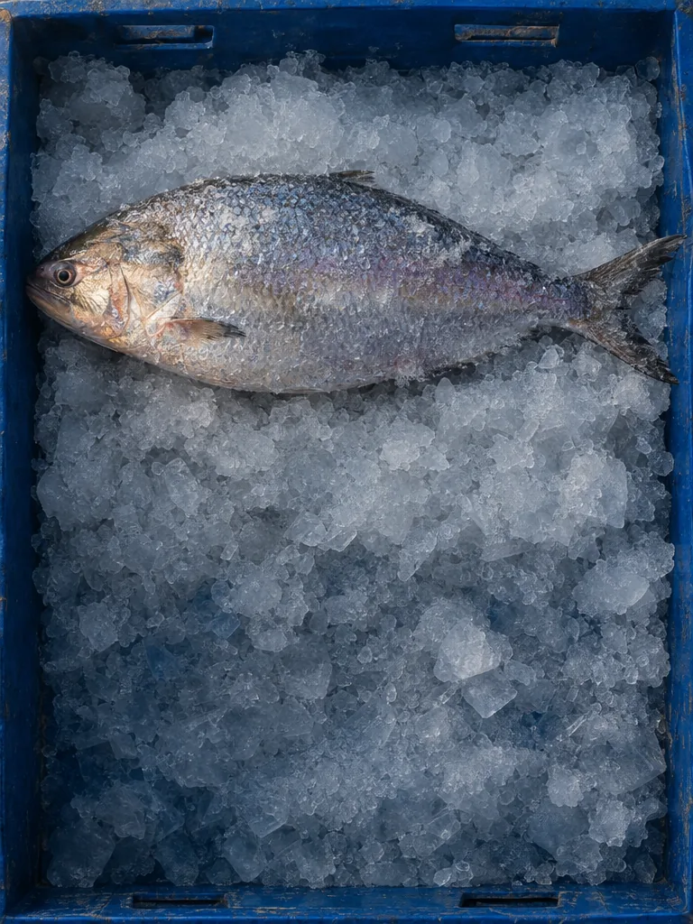 Whole frozen hilsa, bright silver, laid on crushed ice in a blue crate