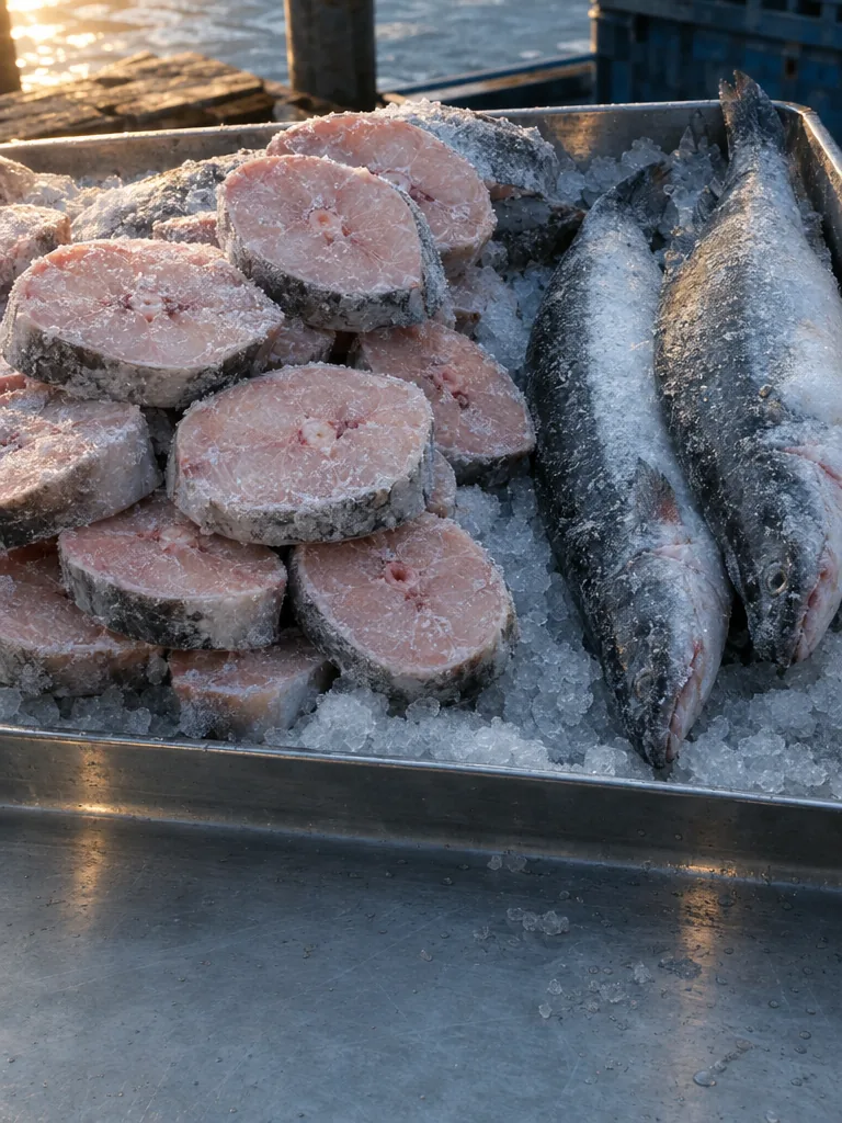 Frozen pangasius steaks stacked on a steel tray with ice crystals