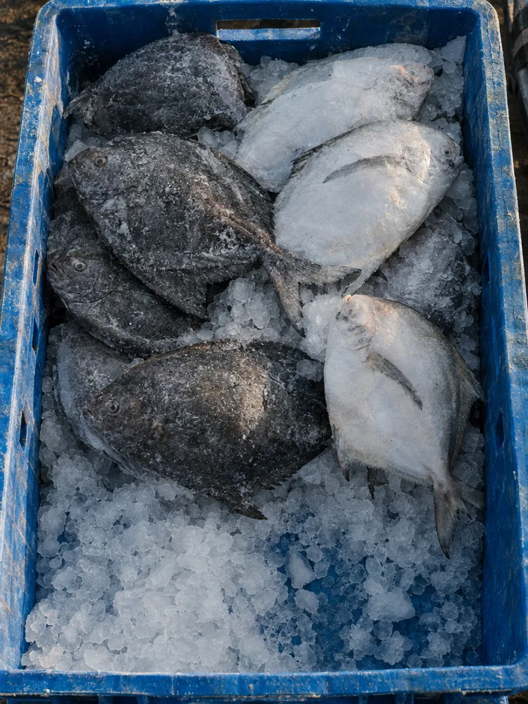 Whole frozen black and white pomfret on crushed ice