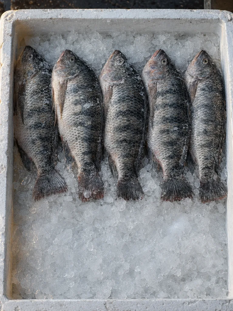 Whole frozen tilapia in a row on crushed ice