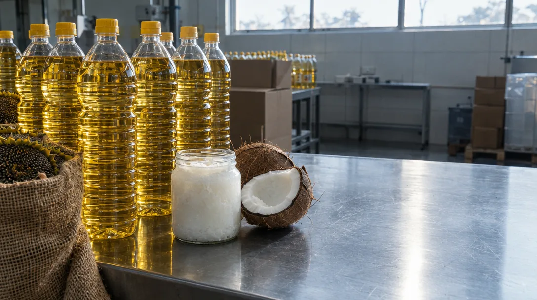 Bottles of sunflower oil beside a jar of solid coconut oil and a split coconut