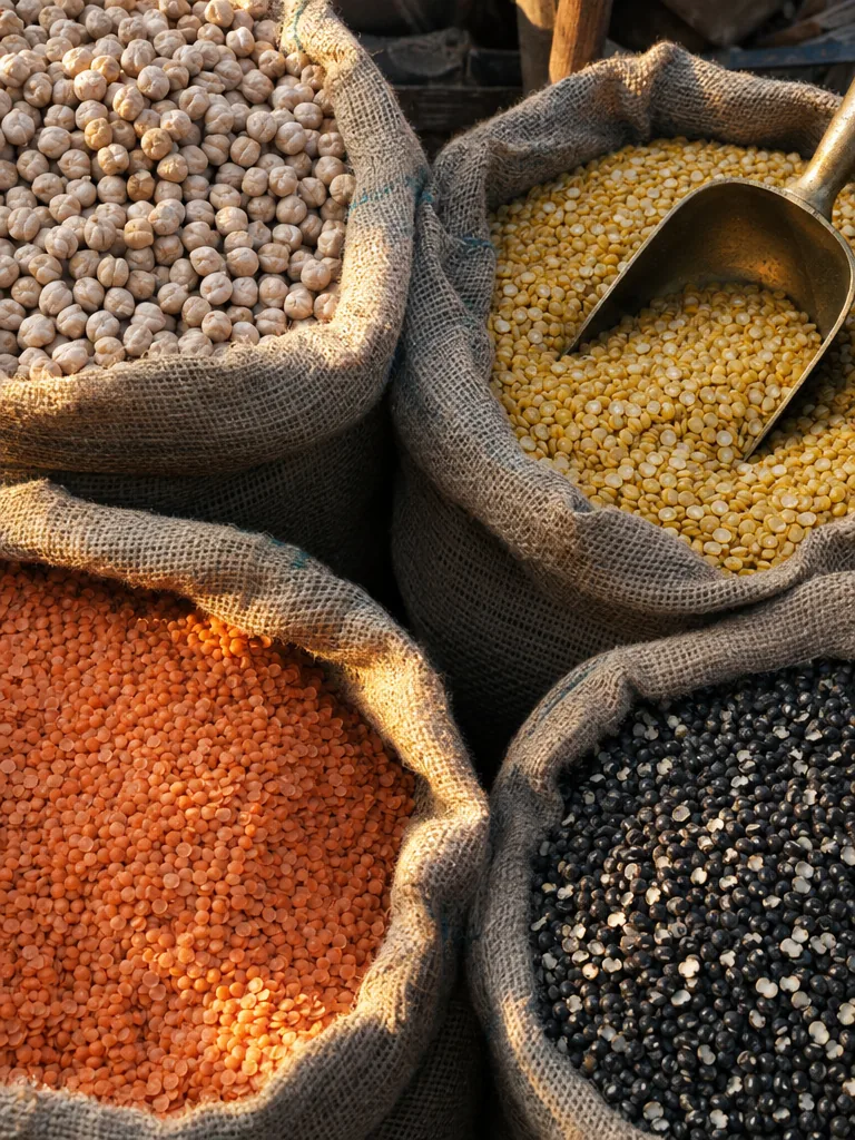 Open hessian sacks of chickpeas, split lentils and black gram