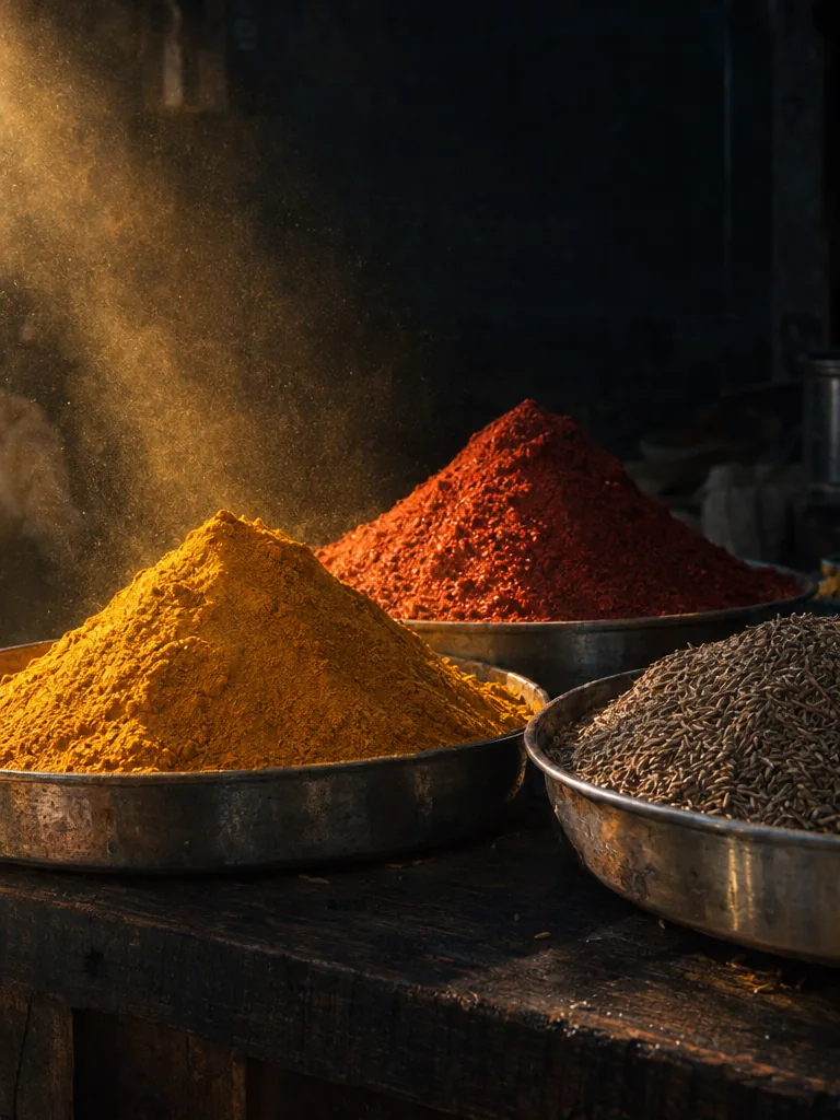 Trays of ground turmeric, chilli and whole cumin on a dark counter