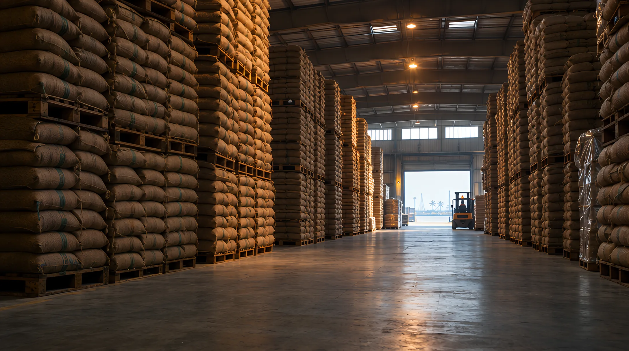 Rows of palletised rice sacks in a warehouse, a loading door open at the end