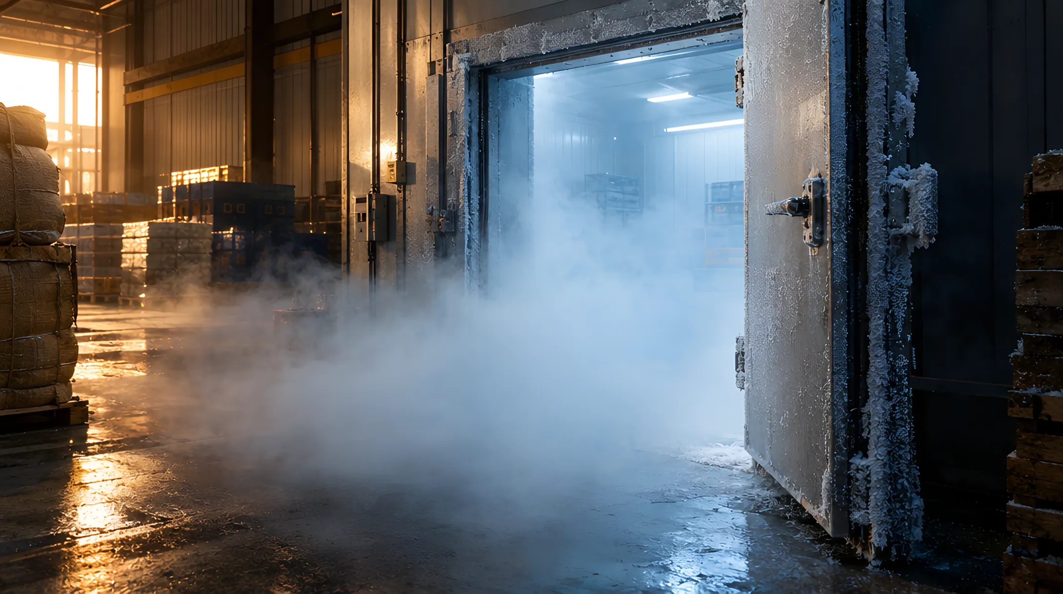 An open cold store door with frost on its frame and vapour rolling across the floor
