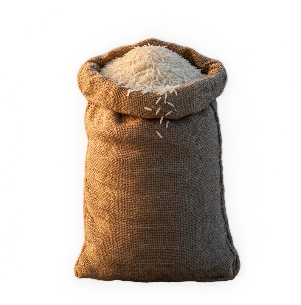 A jute sack of long-grain basmati rice, open at the top