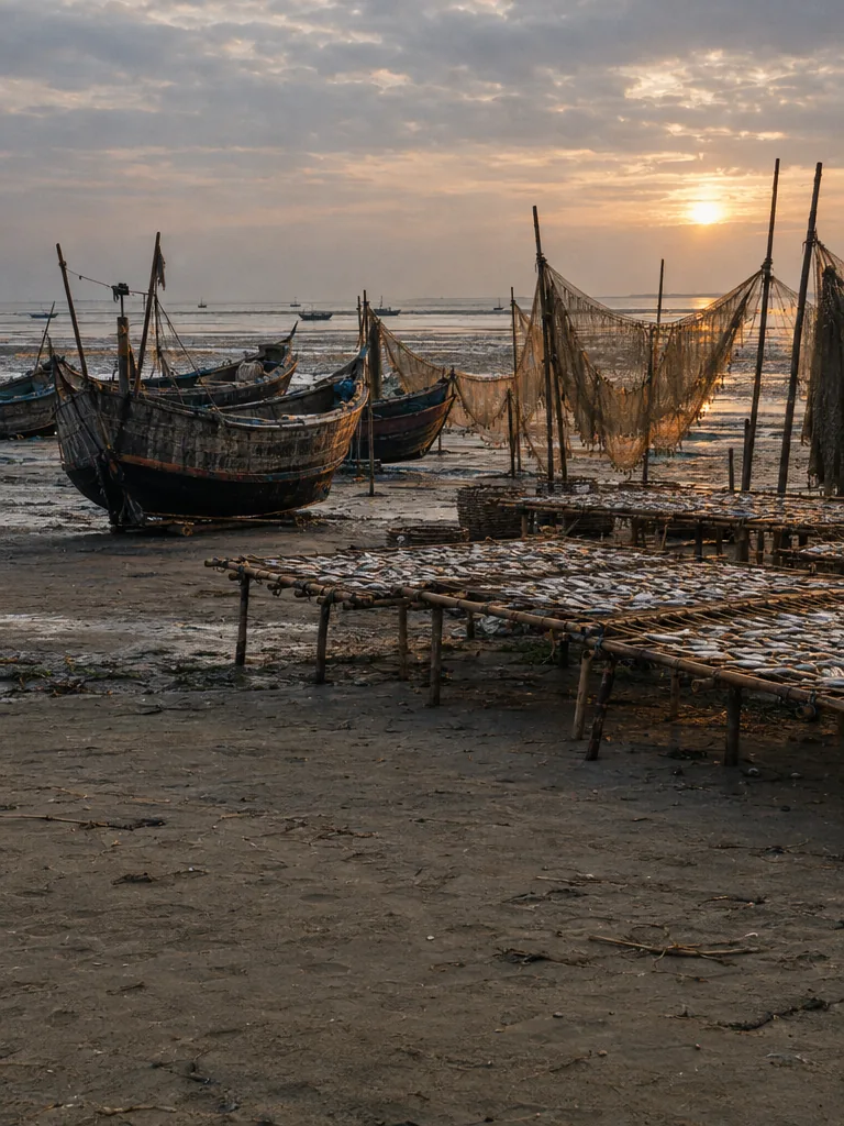 Fishing boats on a beach with small fish drying on racks