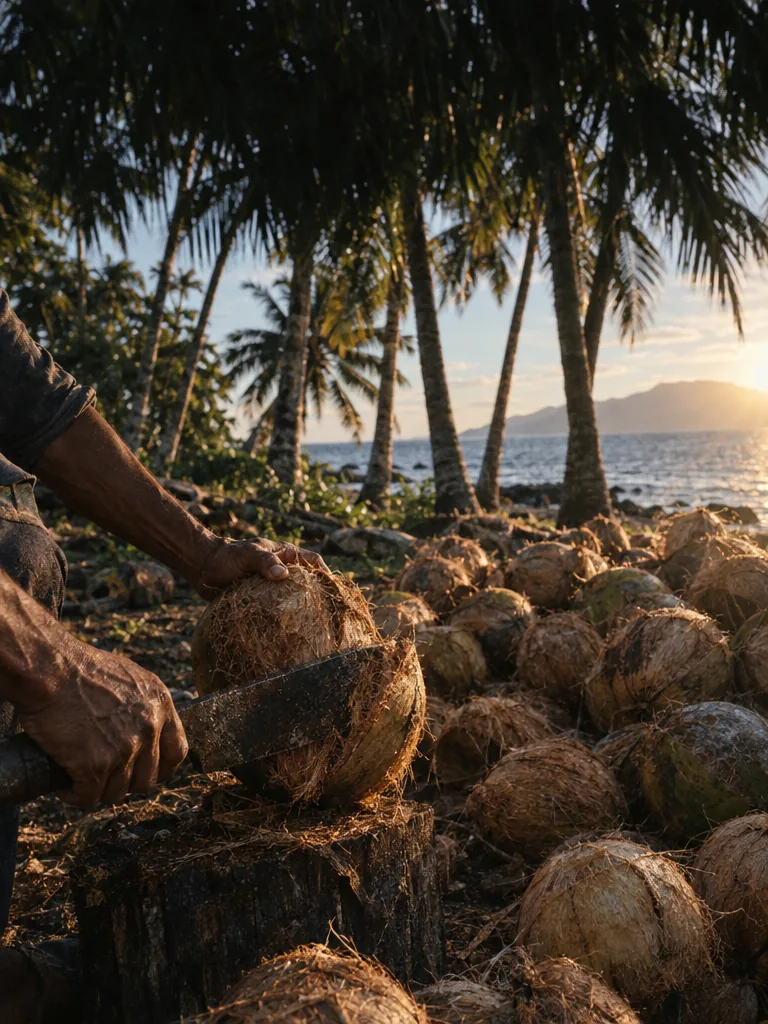 Husked coconuts piled under palms by the sea