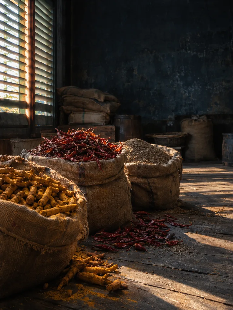 Open sacks of spices in an old timber warehouse