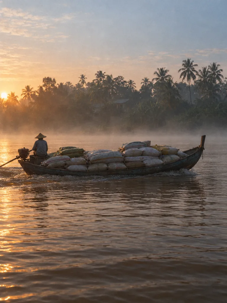 A wooden boat carrying rice sacks on a misty river